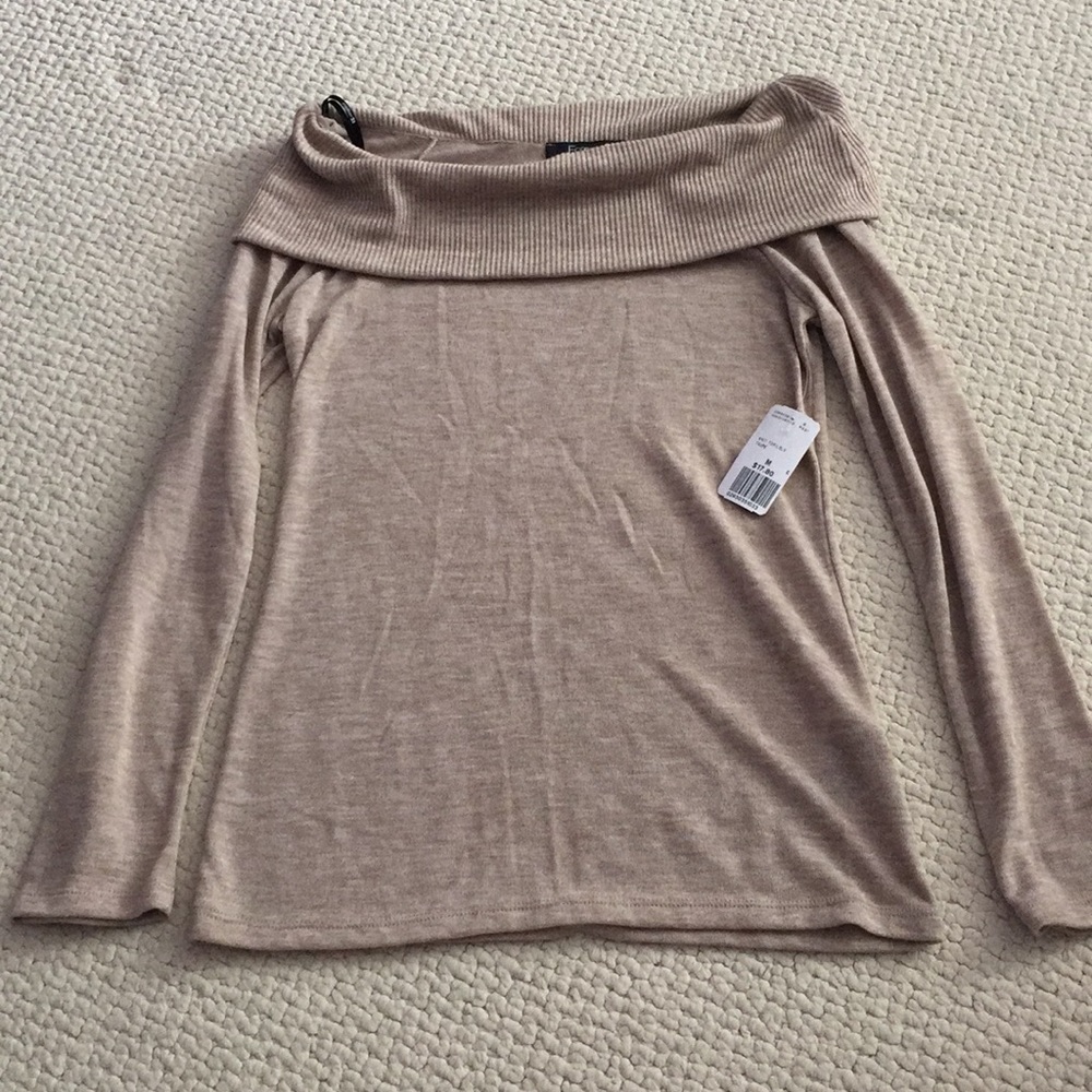 Tan, off the shoulder long sleeve